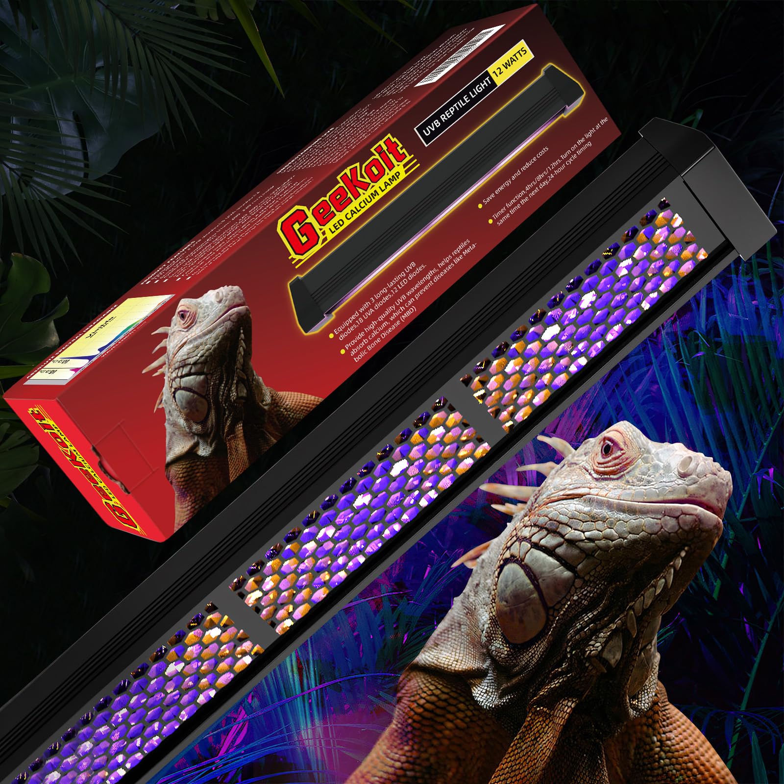 GeeKoit 12in UVB Reptile Light front view showing compact terrarium setup and calcium uptake support