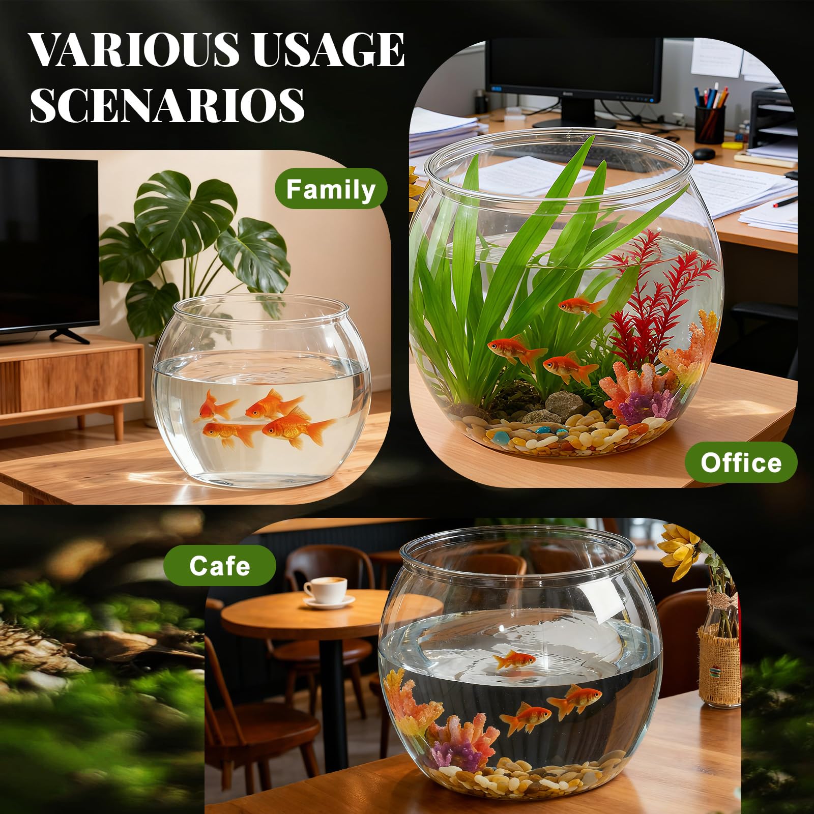 Geelin fish bowl centerpiece for home or office adds aquatic charm.