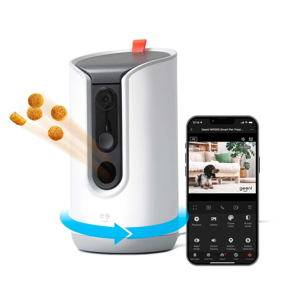 Geeni Pet Treat Dispenser with Camera front view for clear monitoring and easy feeding.