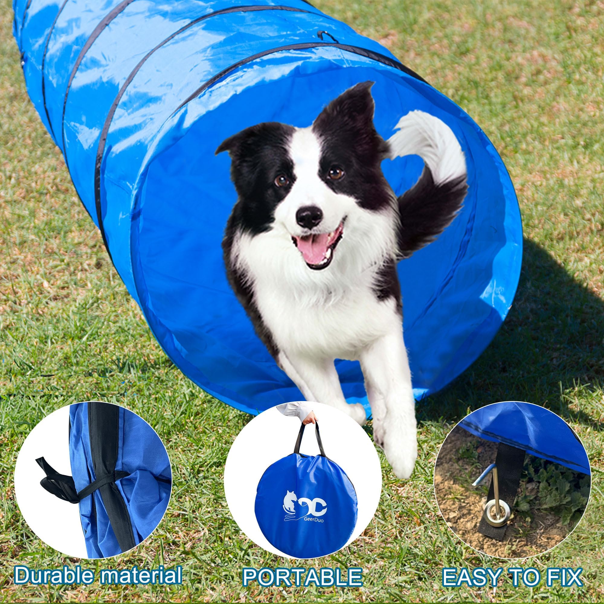 GeerDuo dog agility tunnel blue diameter-24in fits most dogs.