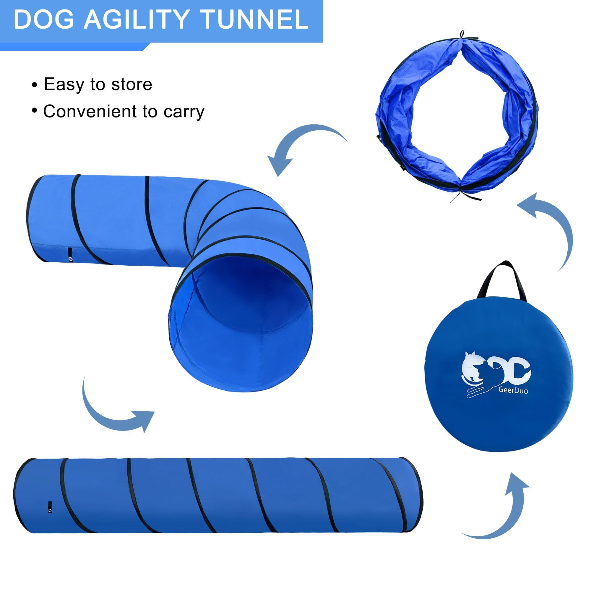 GeerDuo dog agility tunnel blue ground stakes show secure outdoor setup.