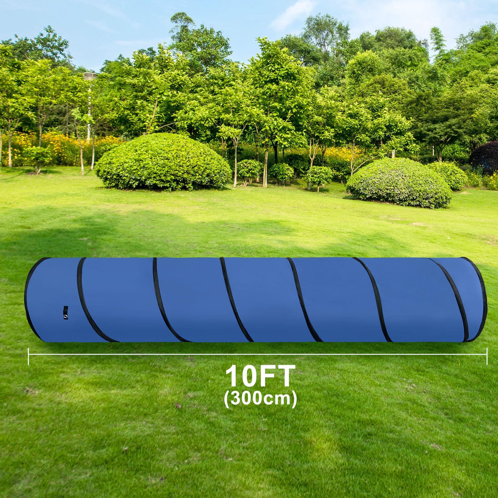 GeerDuo dog agility tunnel blue in use for outdoor agility practice.