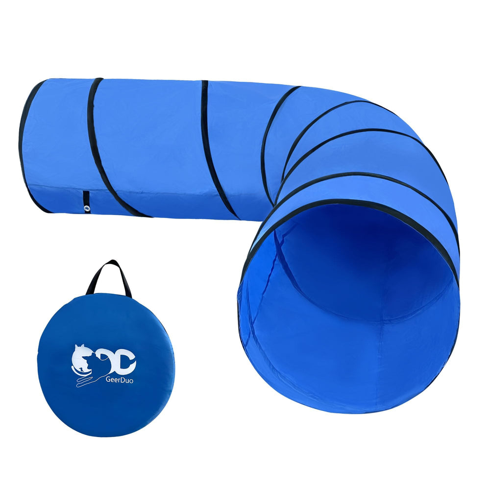 GeerDuo dog agility tunnel blue setup enables quick indoor training.