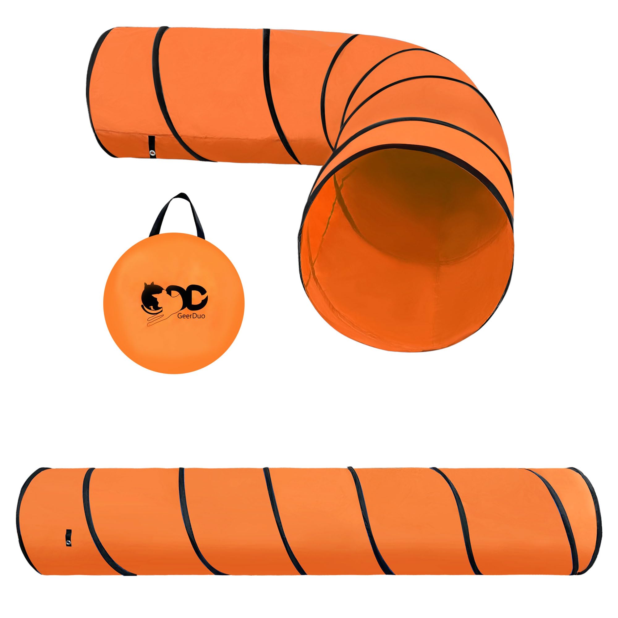 GeerDuo dog agility tunnel orange includes four ground stakes.