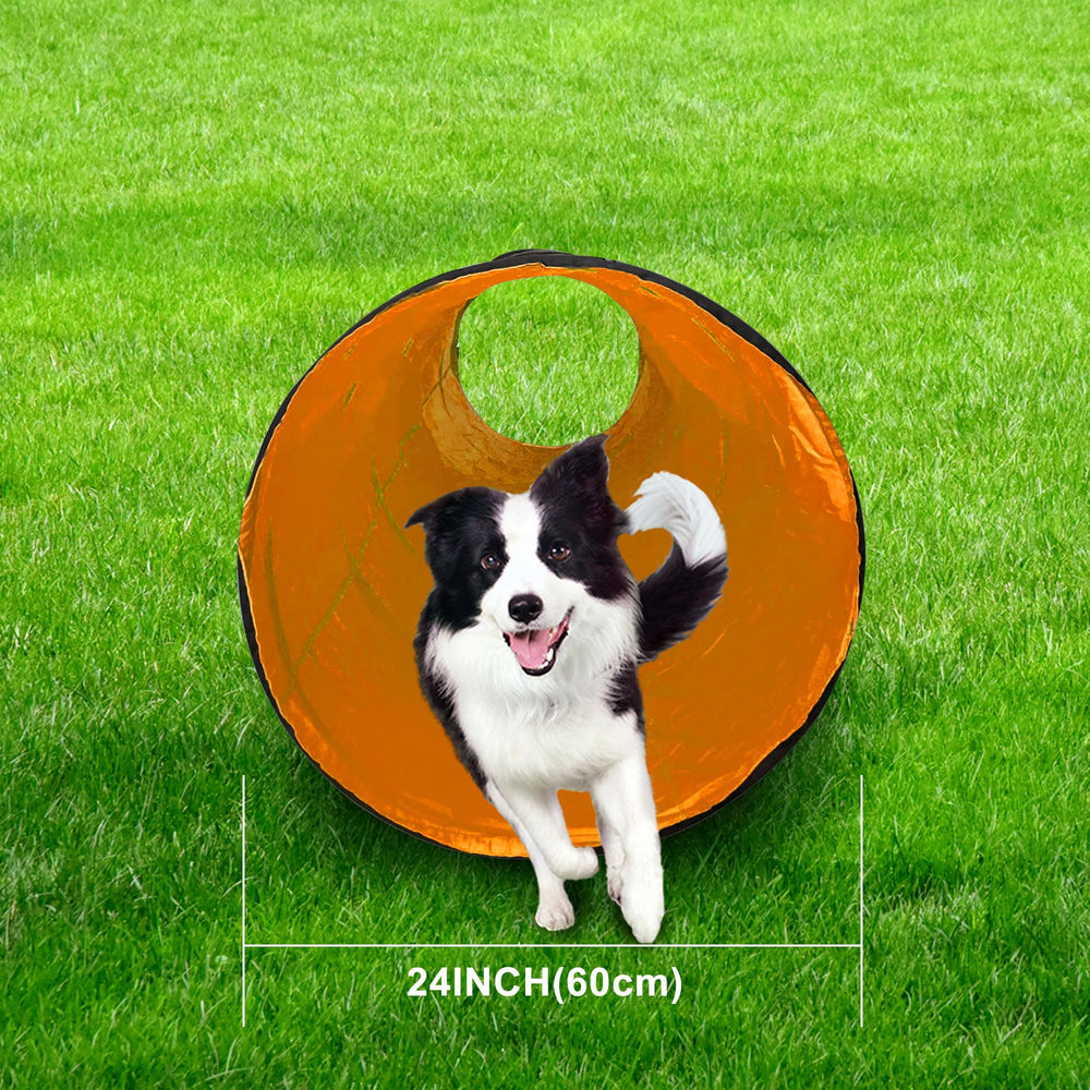 GeerDuo dog agility tunnel orange indoor setup with optional sandbags.