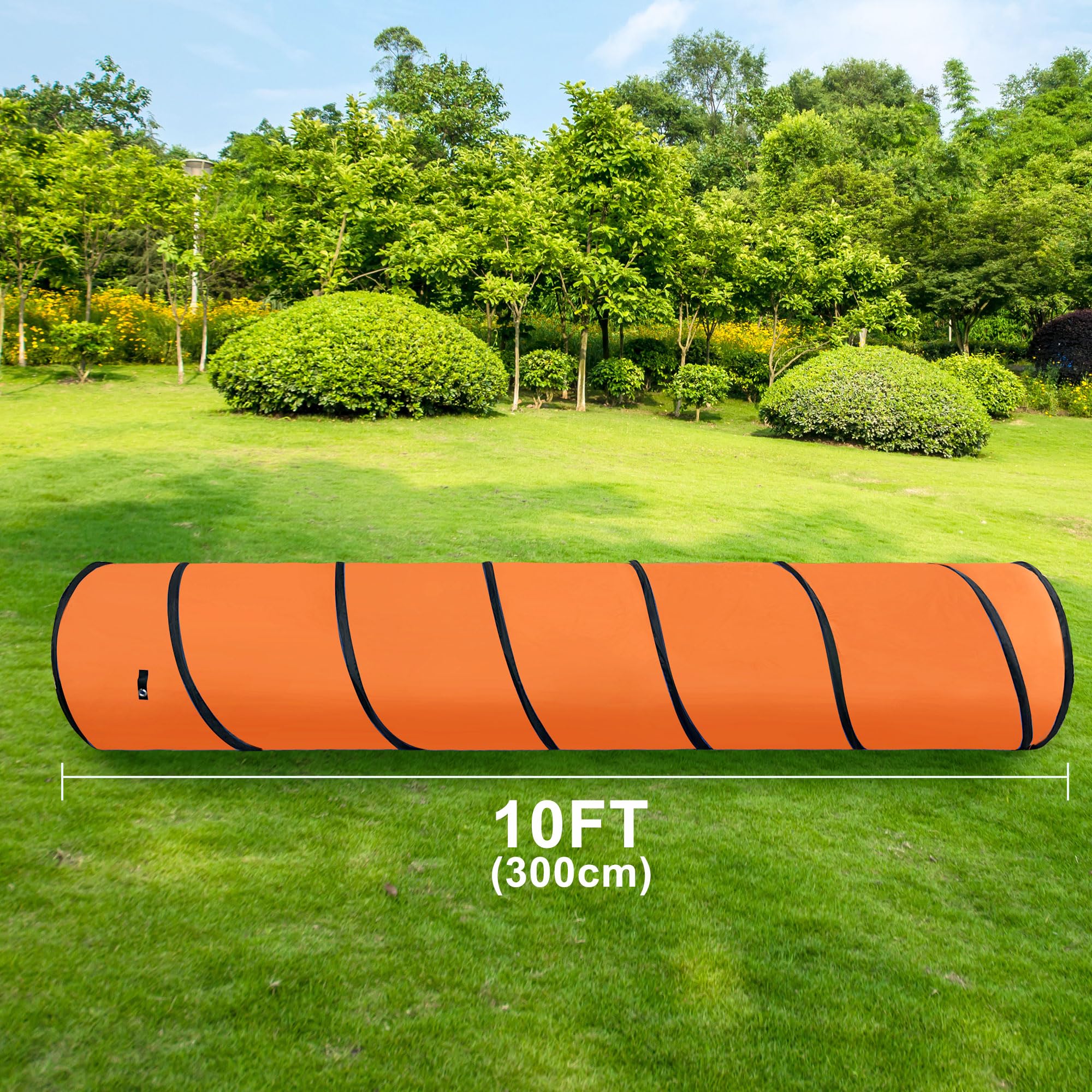 GeerDuo dog agility tunnel orange open setup highlights 10ft length for larger dogs.