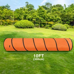GeerDuo dog agility tunnel orange open setup highlights 10ft length for larger dogs.
