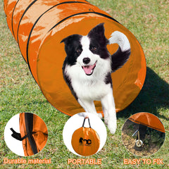 GeerDuo dog agility tunnel orange outdoor use on grass with stakes.