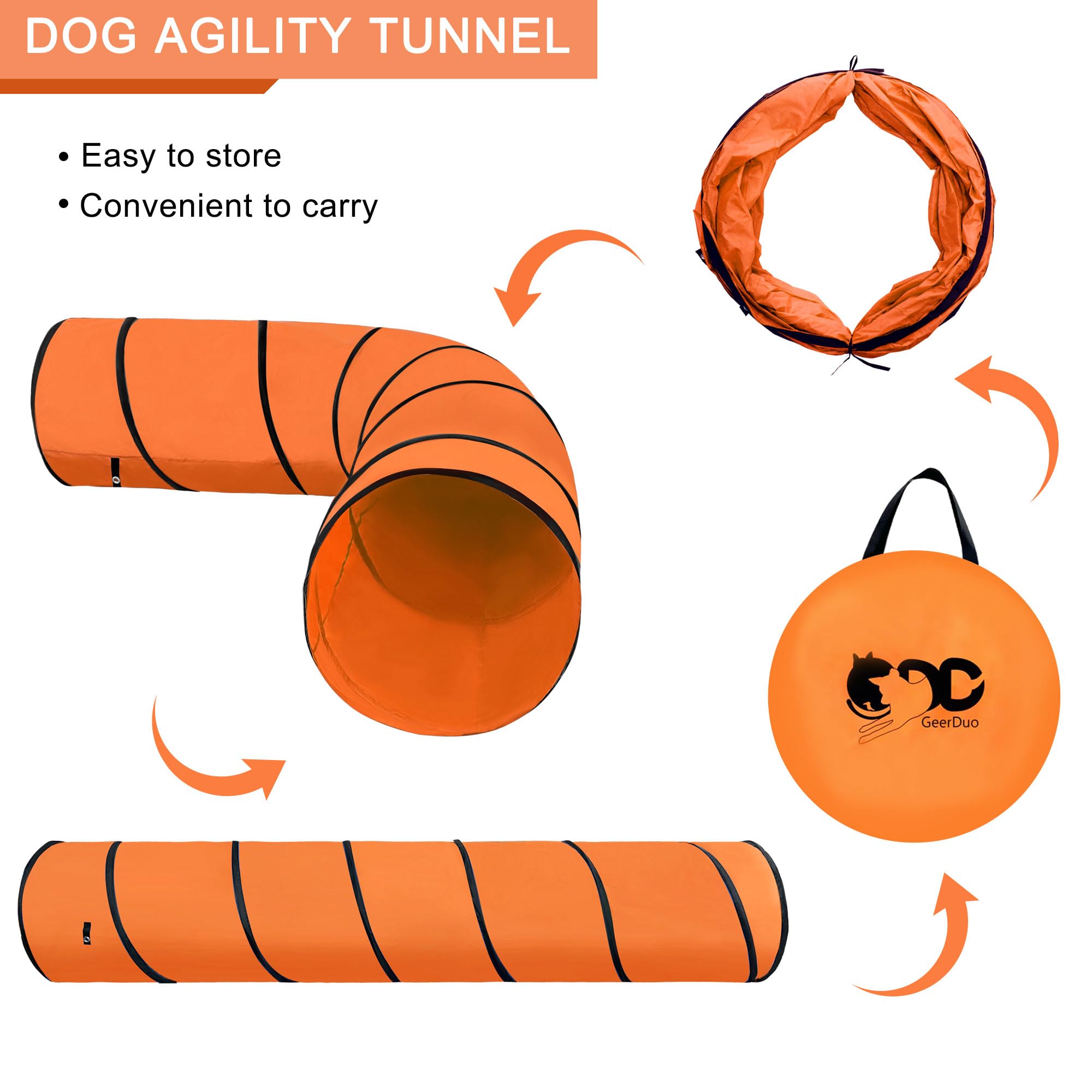 GeerDuo dog agility tunnel orange close-up on tear-resistant Oxford cloth.