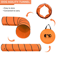 GeerDuo dog agility tunnel orange close-up on tear-resistant Oxford cloth.