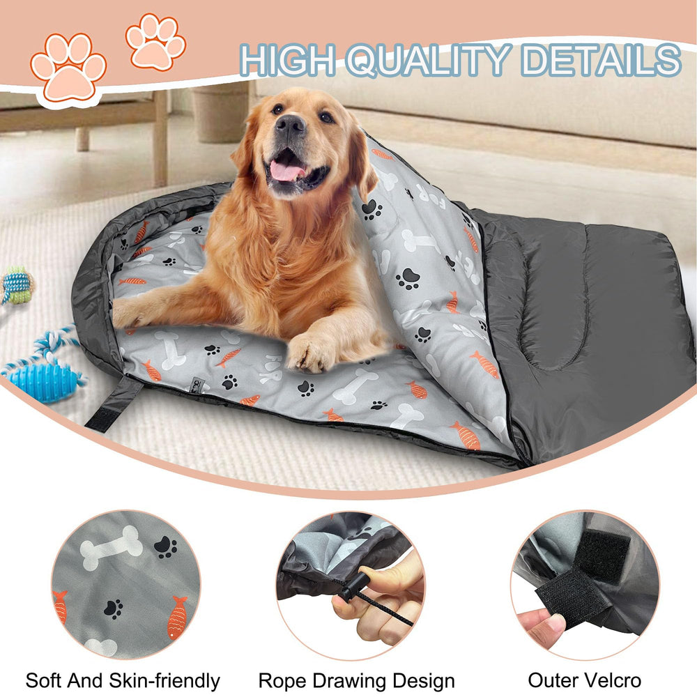 GeerDuo dog sleeping bag back view highlighting full coverage for camping comfort.