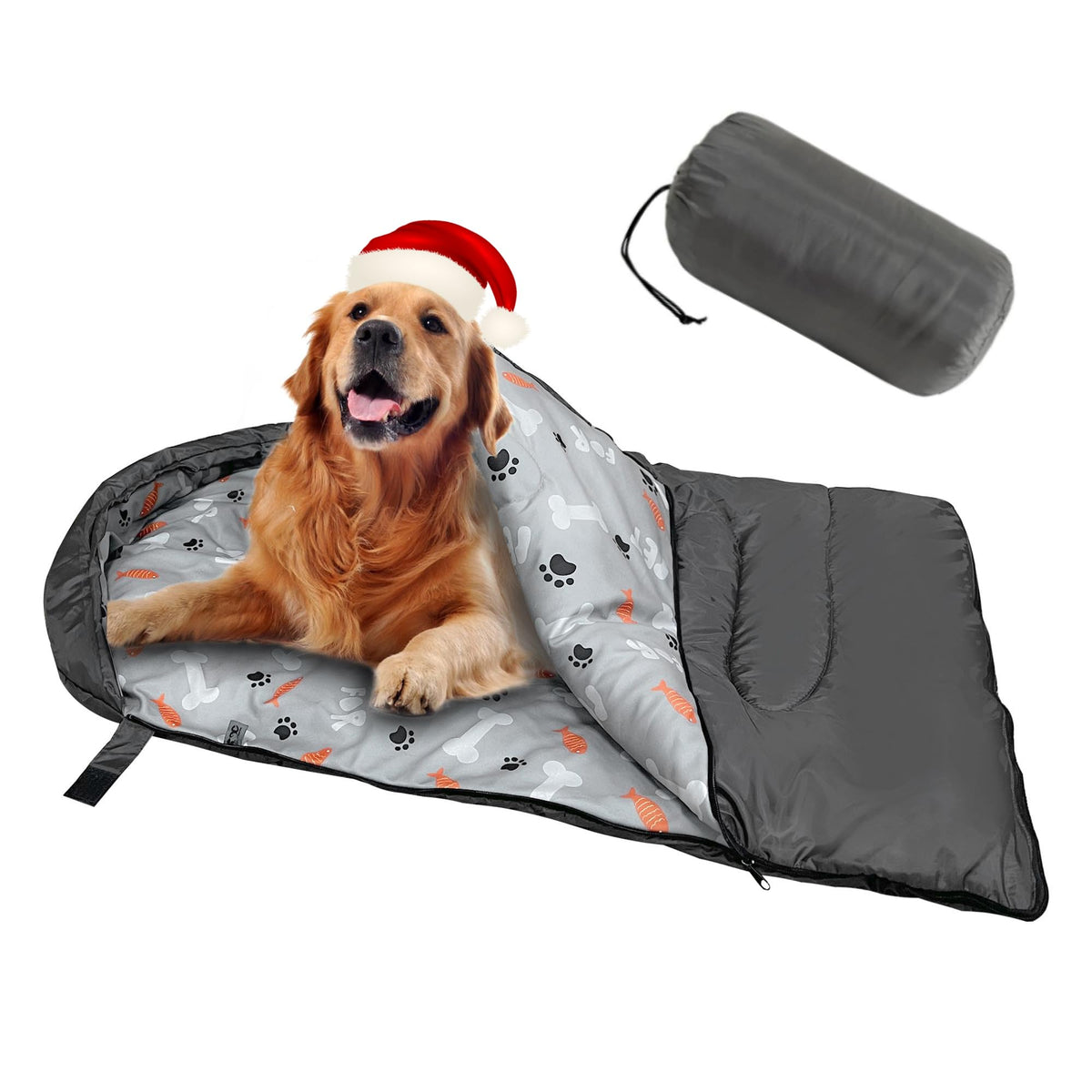 GeerDuo dog sleeping bag front view shows waterproof warmth for outdoor adventures.
