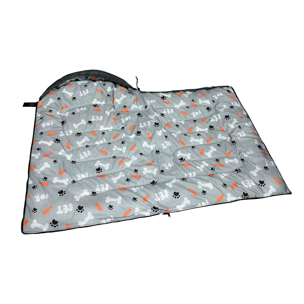GeerDuo dog sleeping bag in indoor outdoor use illustrating versatile rest option.