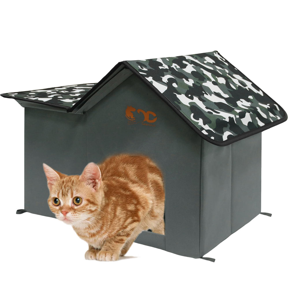 GeerDuo camouflage XL outdoor cat house offers concealed shelter.