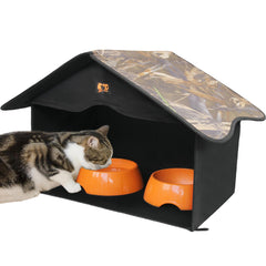 GeerDuo Outdoor Cat House with waterproof roof protects cats during outdoor feeding.