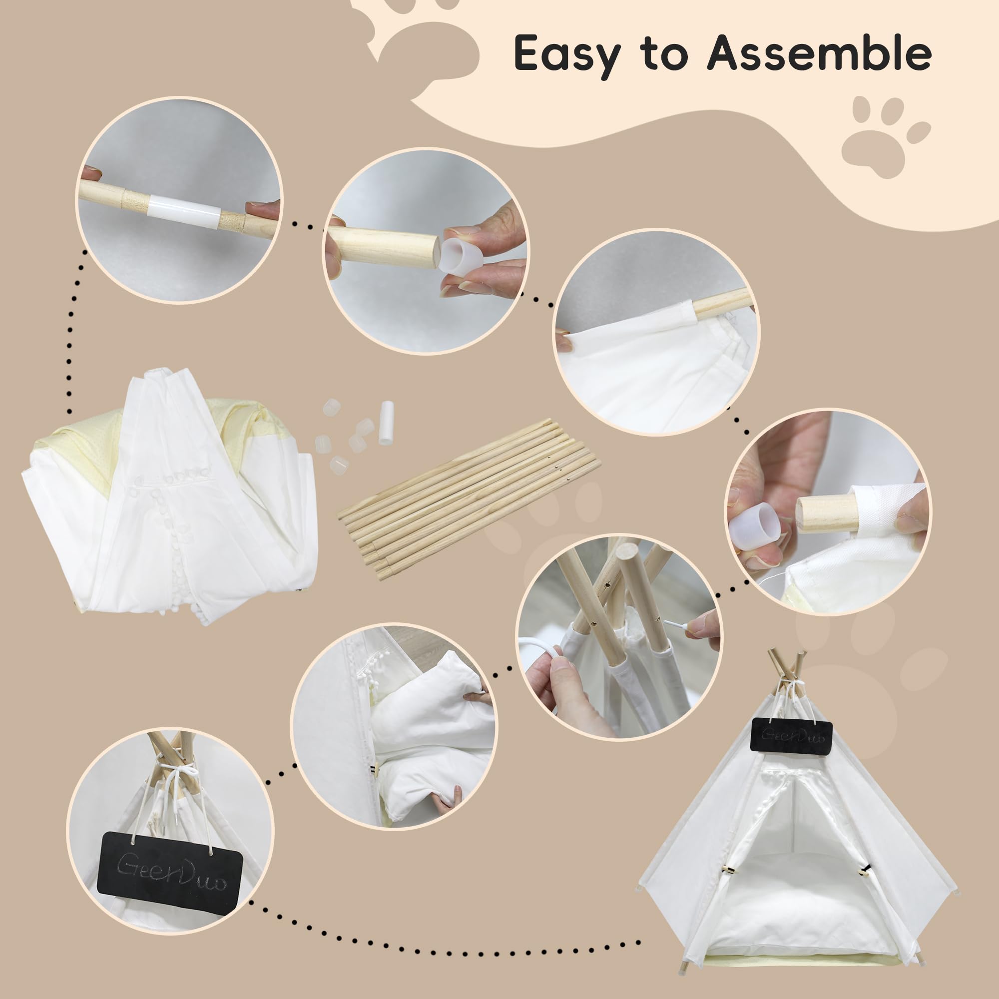 GeerDuo Pet Teepee assembly instructions demonstrate tool-free setup.