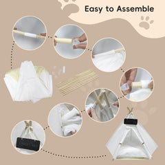 GeerDuo Pet Teepee assembly instructions demonstrate tool-free setup.