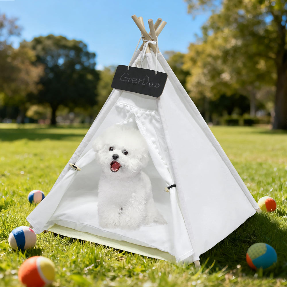 GeerDuo Pet Teepee machine-washable canvas and cushion simplify cleaning.