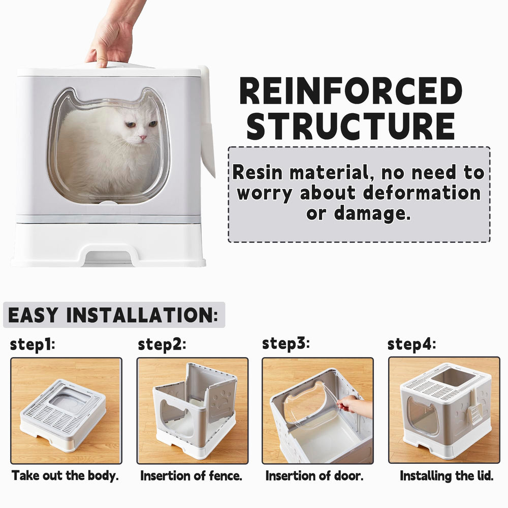 Gefryco cat litter box cleaning drawer with scoop and brush for easy cleanup.