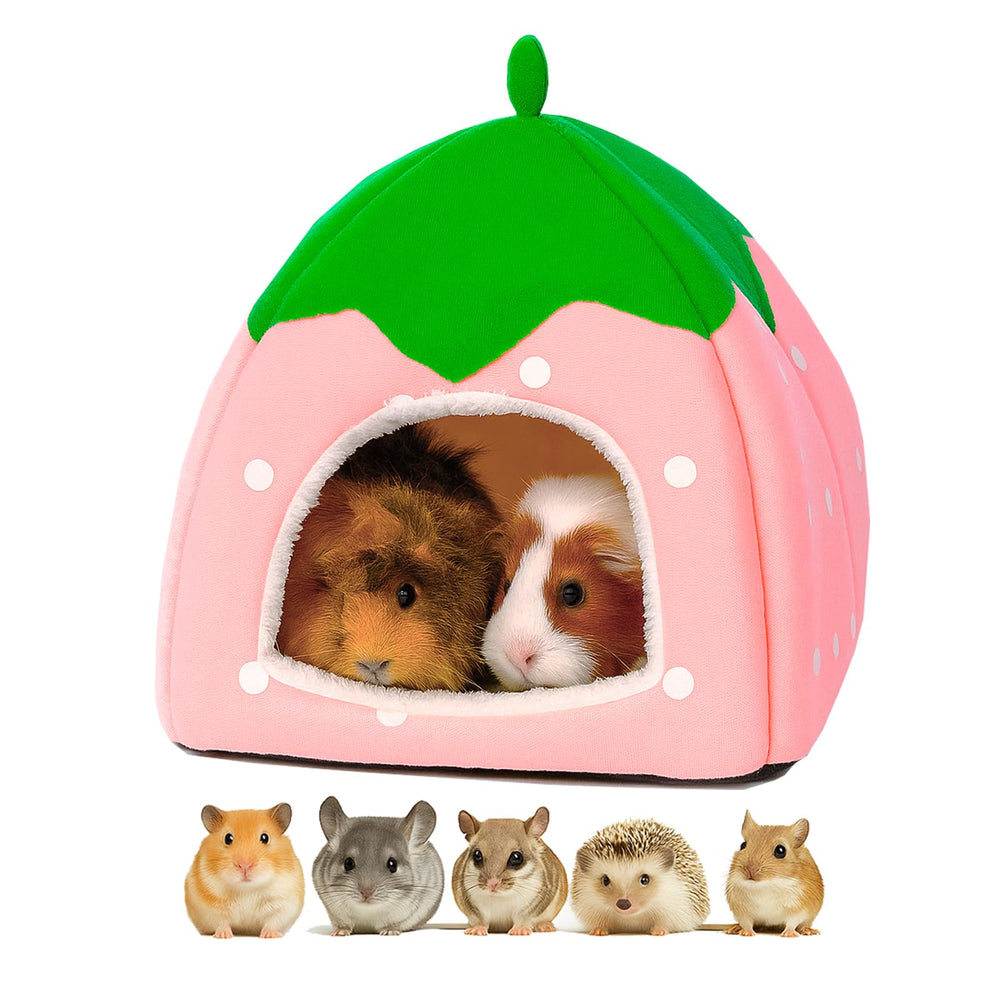 GEGURI Cozy Strawberry Hut winter scene evokes cozy vibes and restful moments for small pets.