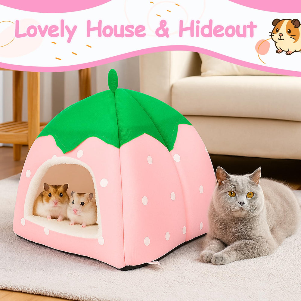 GEGURI Cozy Strawberry Hut with guinea pig illustrates a secure, warm retreat during cold days.
