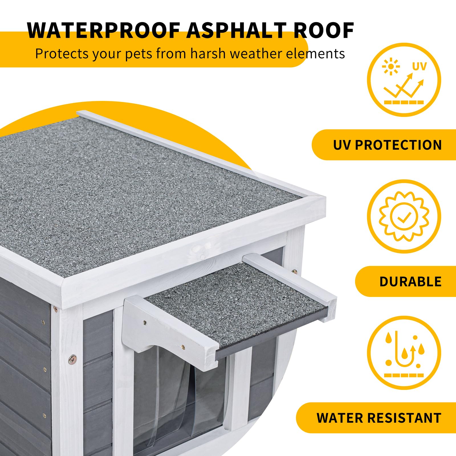 GEGURI Outdoor Cat House asphalt roof closeup highlights durable weather protection.
