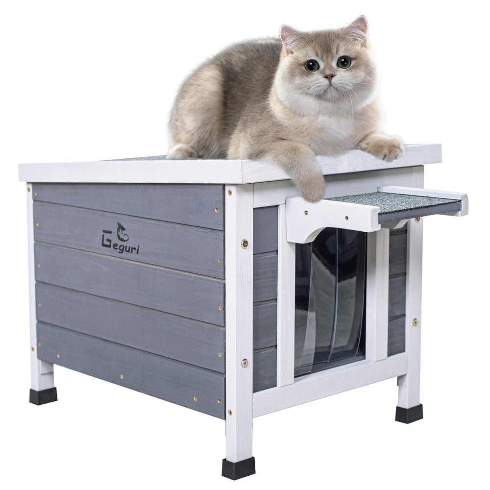 GEGURI Outdoor Cat House exterior weatherproof view shows rain and wind protection.