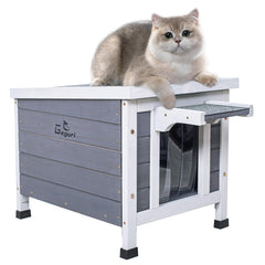 GEGURI Outdoor Cat House exterior weatherproof view shows rain and wind protection.