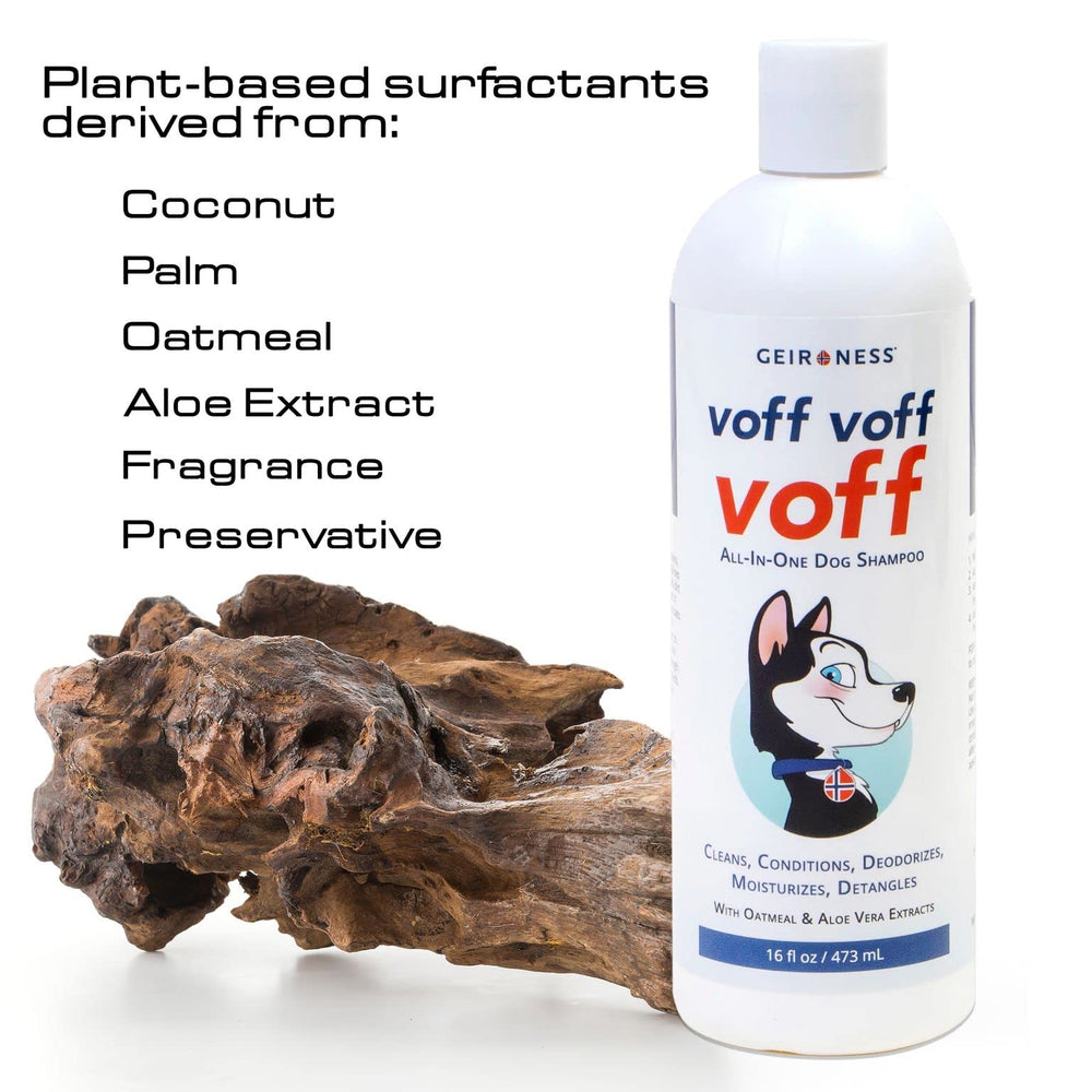 Geir Ness Voff Voff Voff bottle highlighting coconut and date palm extracts for deodorizing aroma.