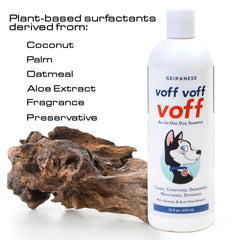 Geir Ness Voff Voff Voff bottle highlighting coconut and date palm extracts for deodorizing aroma.