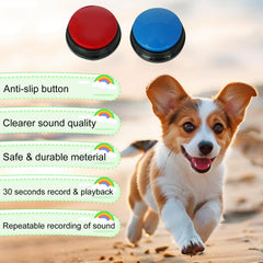 Gelabur dog-training-use image featuring a dog using a button for commands.