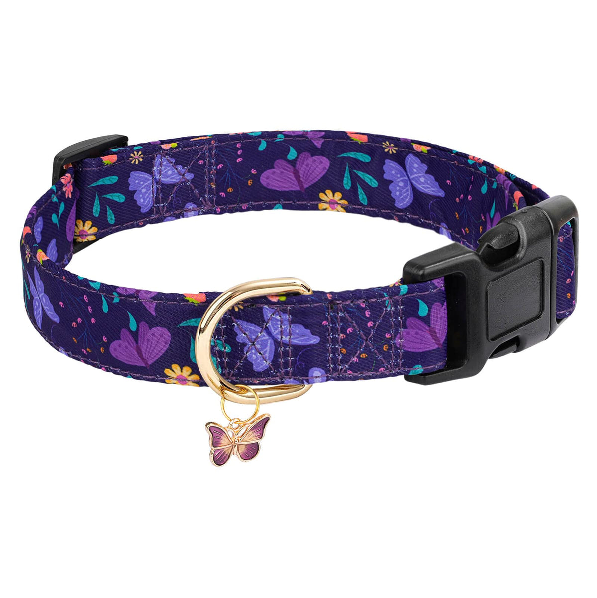 Gelwoo purple butterfly collar front view highlighting stylish flower design for dogs.