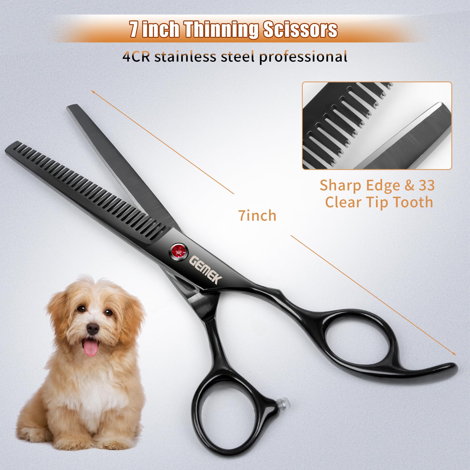 GEMEK 7in thinning scissor reduces bulk for a neater coat finish.