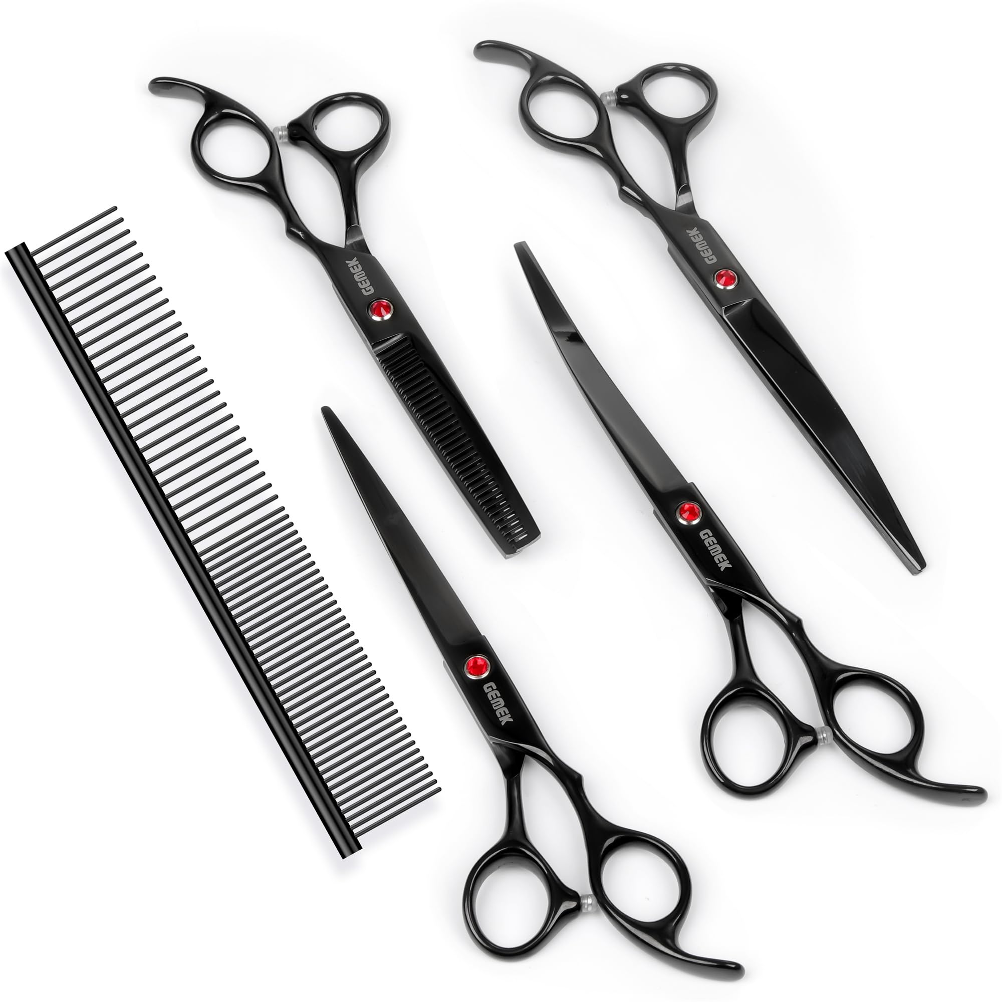GEMEK ergonomic-handle dog grooming scissors reduce hand fatigue during sessions.