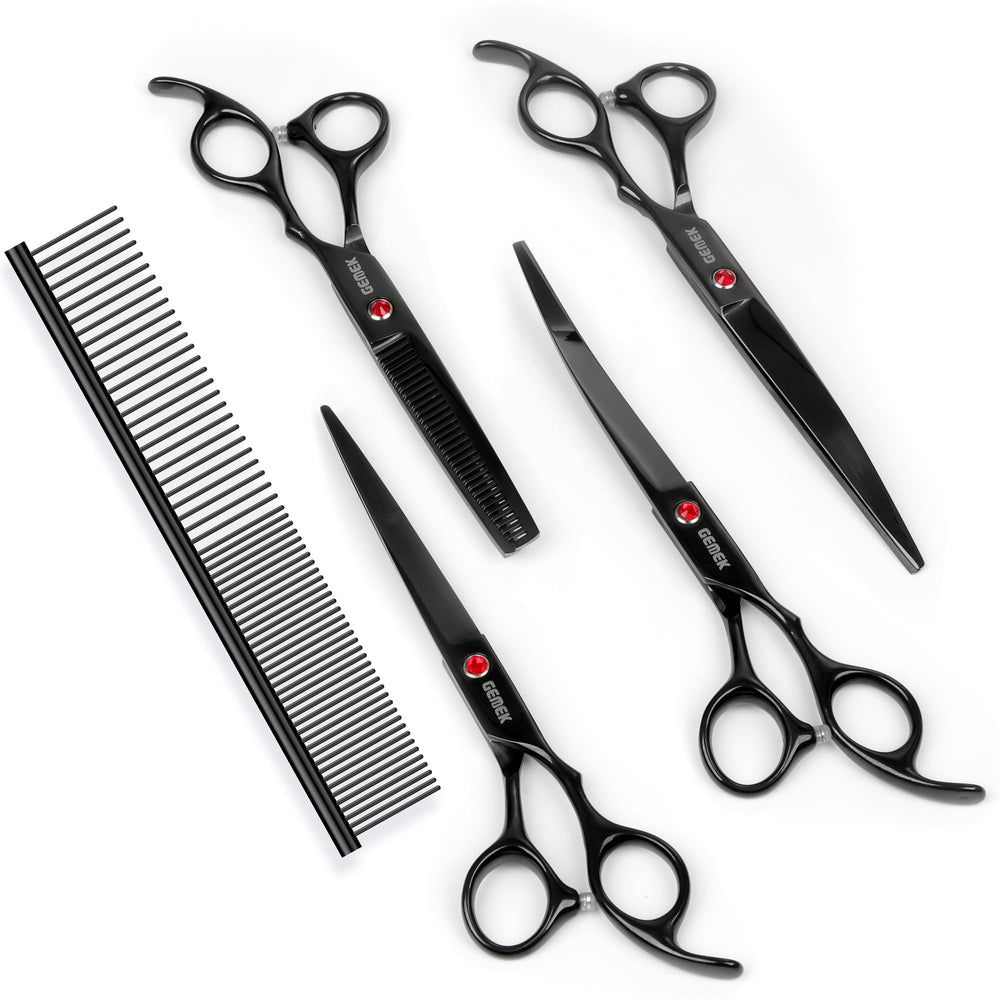 GEMEK ergonomic-handle dog grooming scissors reduce hand fatigue during sessions.
