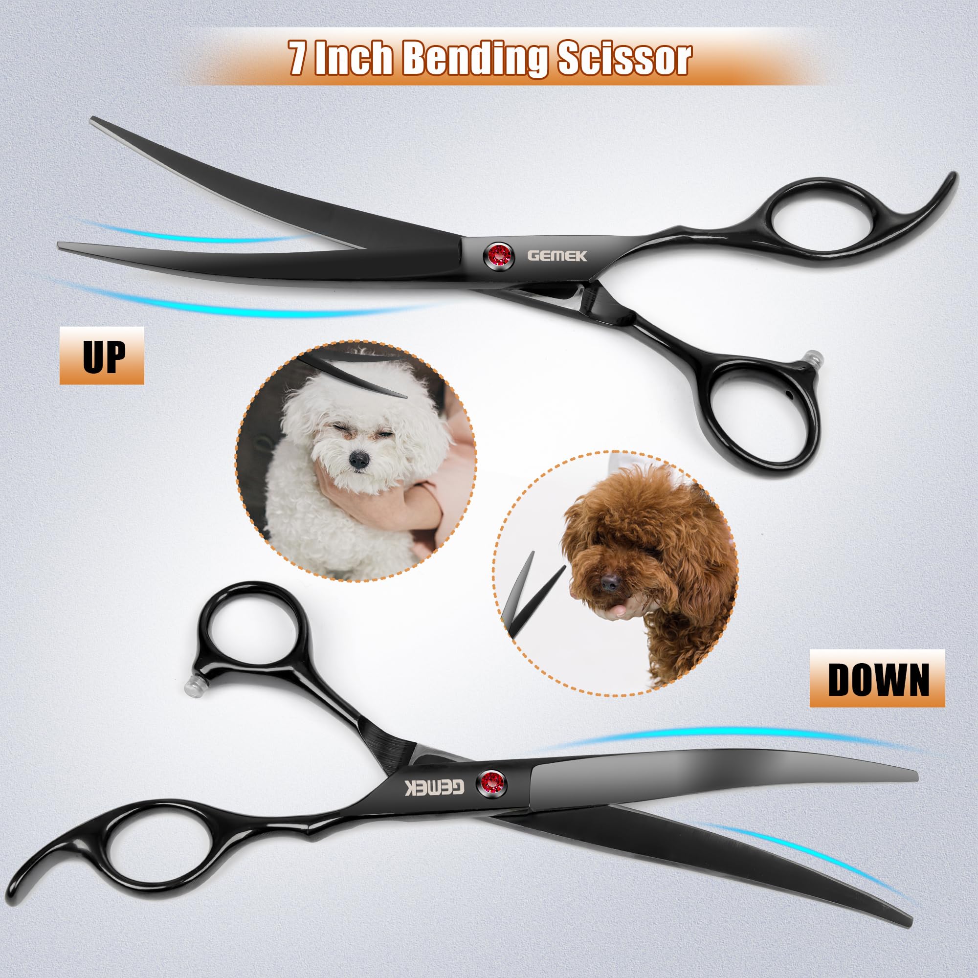 GEMEK grooming comb helps detangle and align coat before snipping.