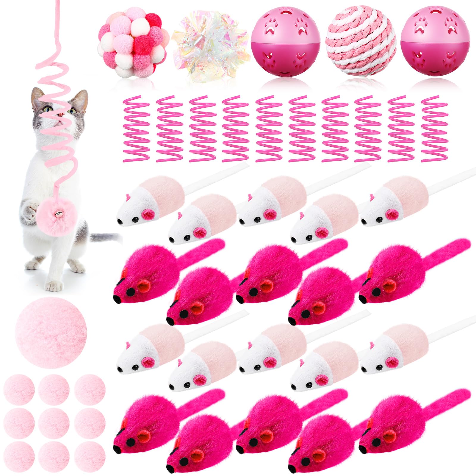 Gemscream 46-pcs cat toys set pink mice – engages hunting instincts and indoor play.