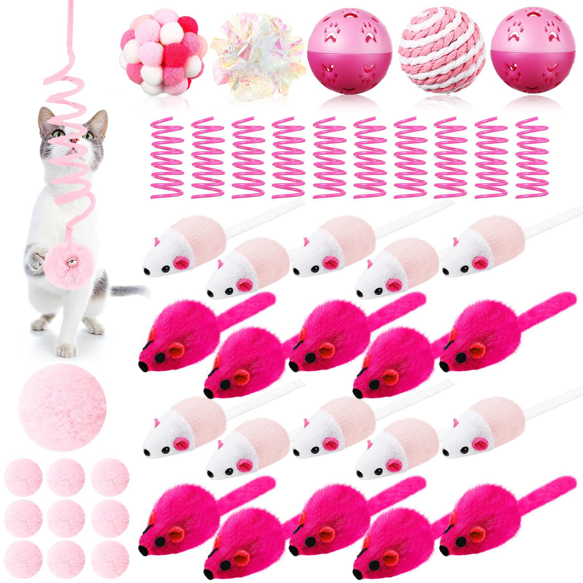 Gemscream 46-pcs cat toys set pink mice – engages hunting instincts and indoor play.