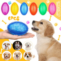 Gemscream spiky-squeaker football dog toy in action during outdoor play.