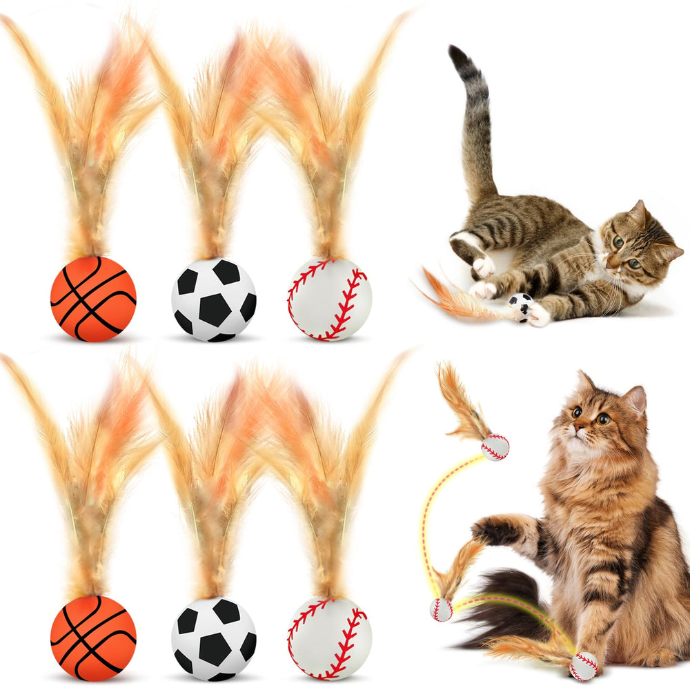 Generic 6-pack packaging of interactive cat ball toys in bright colors for indoor play.