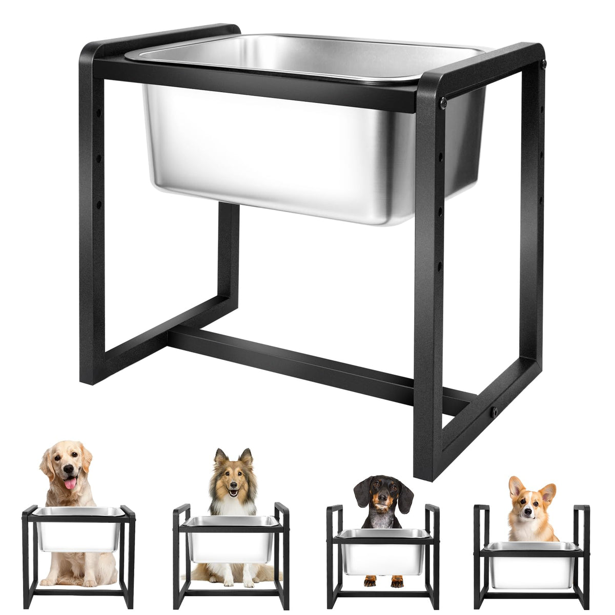 Generic adjustable height dog bowl stand showing four levels for ergonomic feeding.