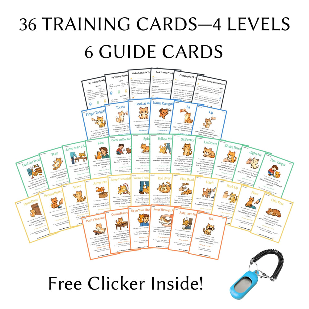 Generic Cat Clicker Training Kit card collection shows 36 tricks for progressive learning.