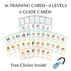 Generic Cat Clicker Training Kit card collection shows 36 tricks for progressive learning.