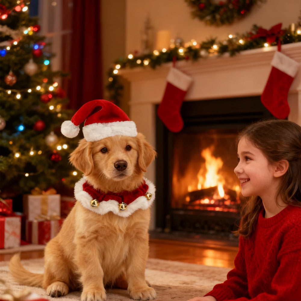 Generic Christmas party pet look displaying coordinated hat and collar