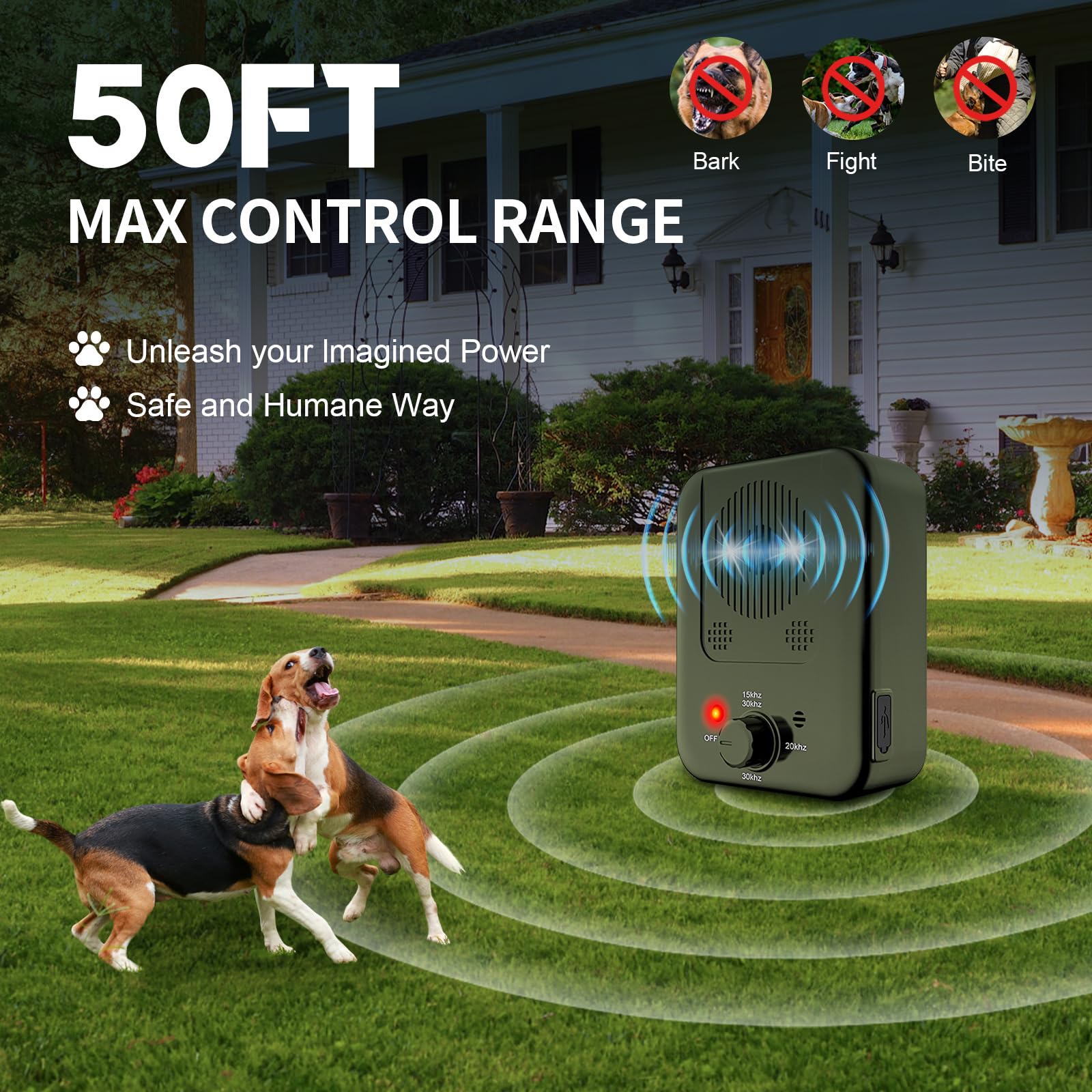 Generic dog bark-deterrent outdoor installation highlights weatherproof housing.