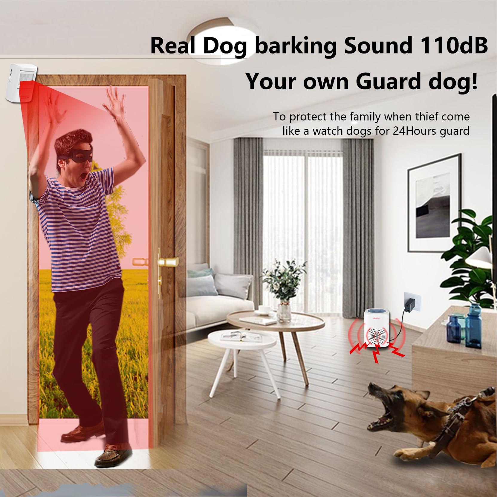 Generic Dog Barking Alarm receiver setup shows quick plug-in convenience and alert delivery.