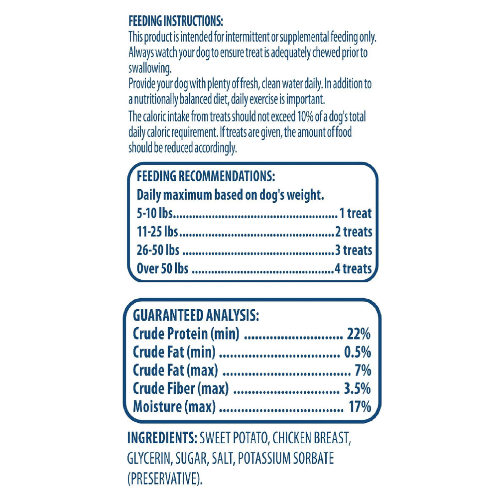 Generic Golden Rewards low-fat snack with real chicken and sweet potato.