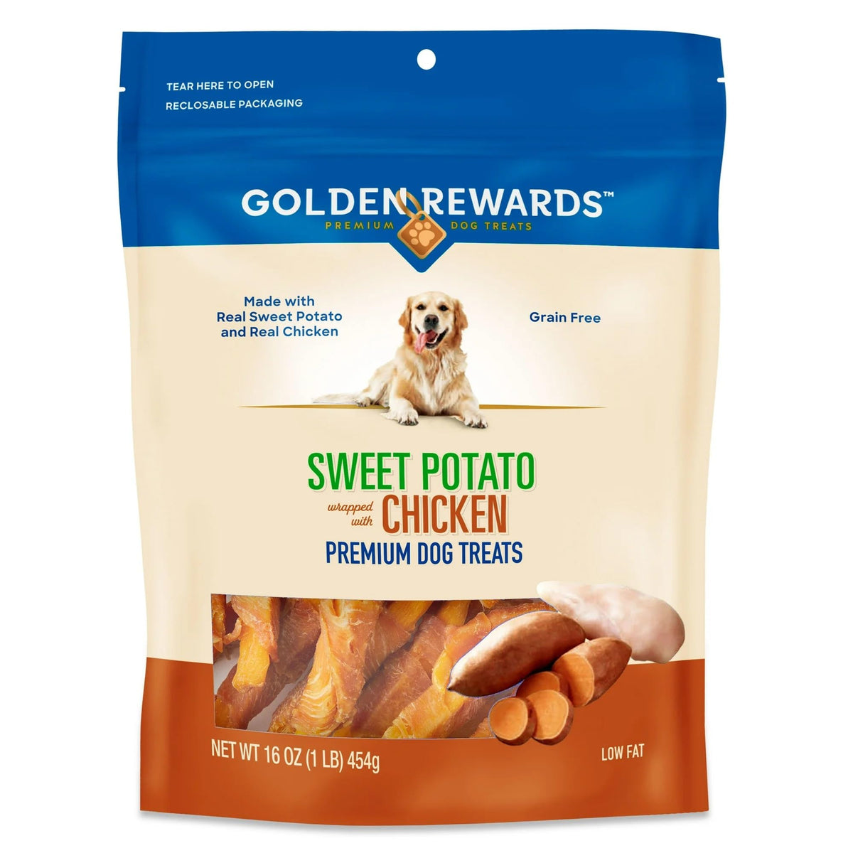 Generic Golden Rewards dog treats with real chicken breast and sweet potato for tasty training rewards.