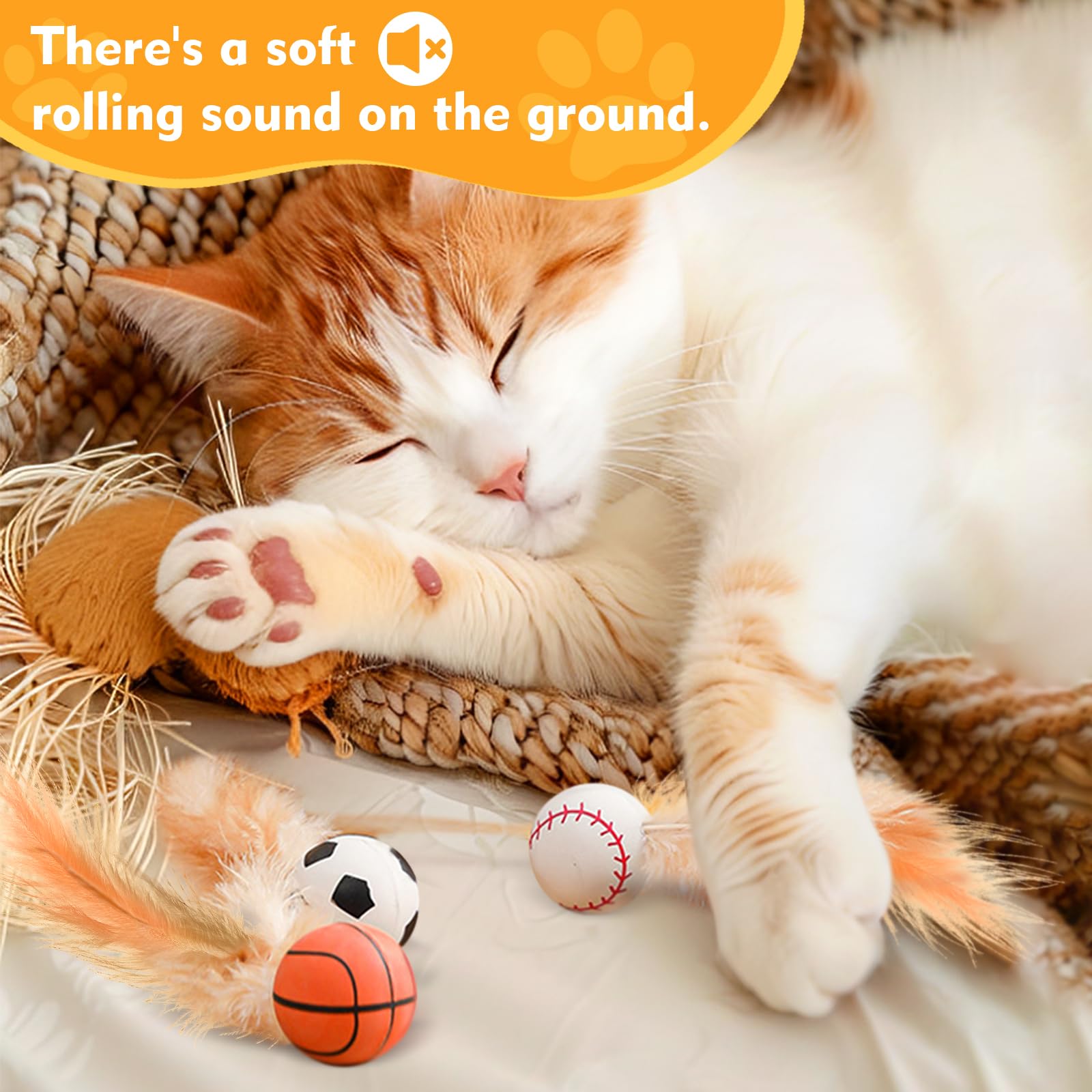 Generic indoor play scene with a cat bouncing a feathered ball for activity.