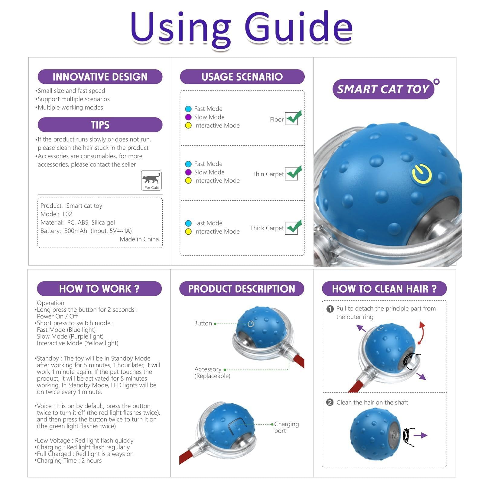 Generic Interactive Cat Toy Ball easy-cleaning feature when fur buildup is present after play.